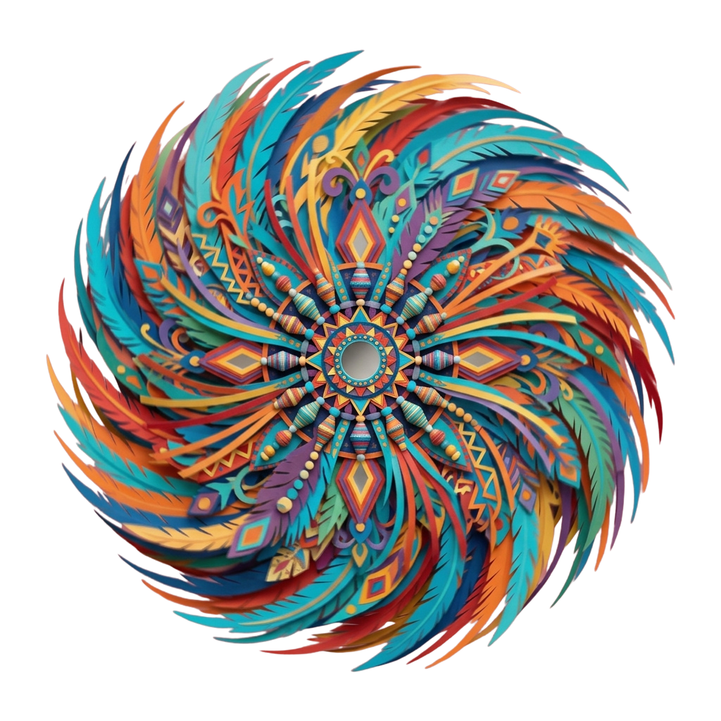 A colorful, intricate mandala design featuring swirling feathers and geometric patterns in bright blues, reds, and yellows