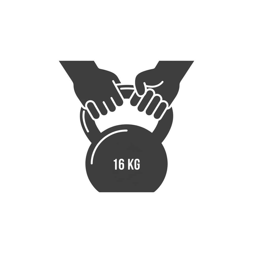 Two hands gripping the handle of a 16-kilogram kettlebell.