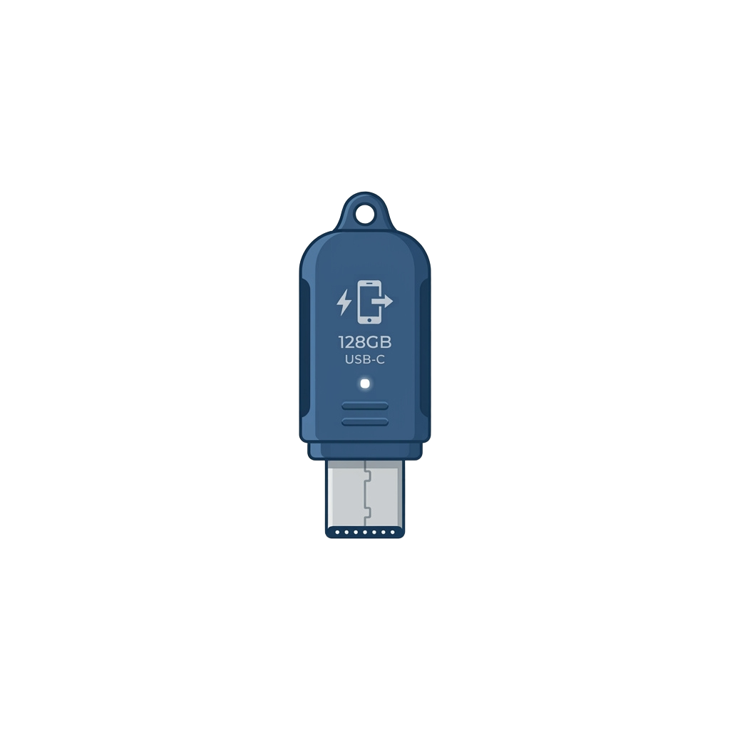 Blue USB-C flash drive with 128GB capacity and a keyring attachment