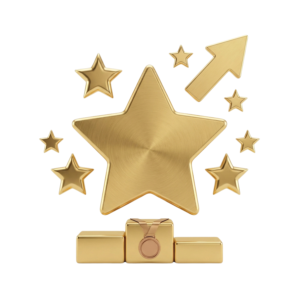 A shiny gold trophy featuring a large star, smaller stars, and an upward arrow on a black background