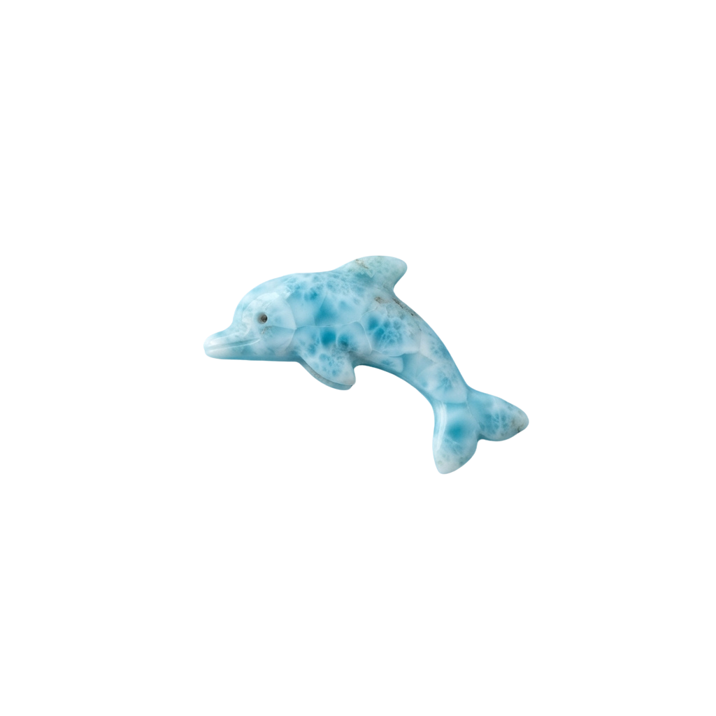 A small blue marbled dolphin figurine against a black background