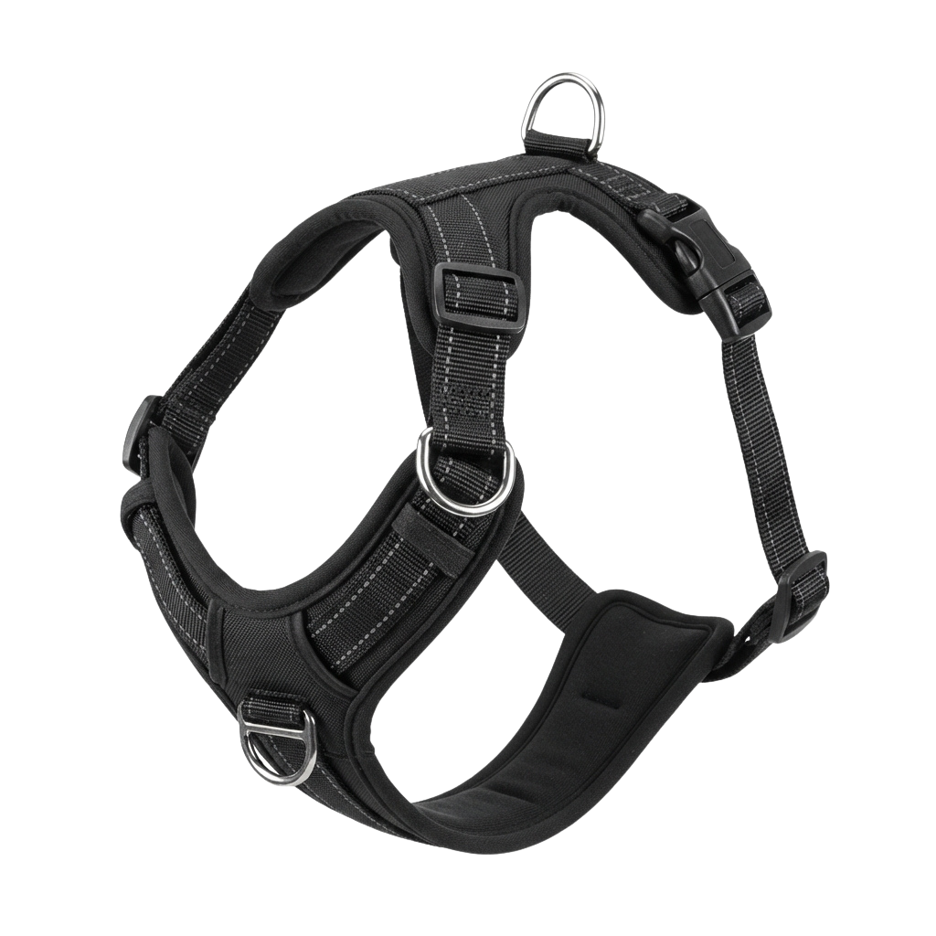Black dog harness featuring padded chest area, adjustable straps, and metal D-rings for secure leash attachment