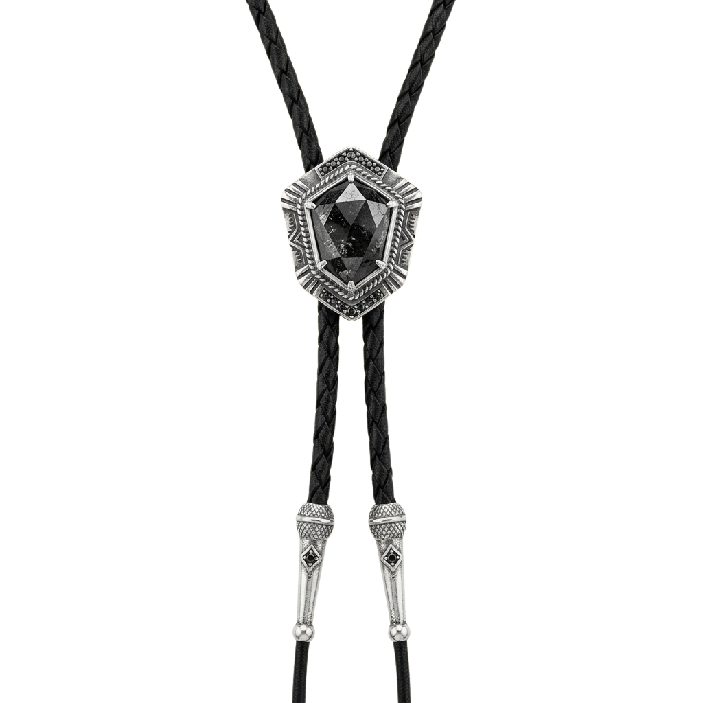 A silver bolo tie necklace featuring a geometric turquoise stone center and braided leather cords.