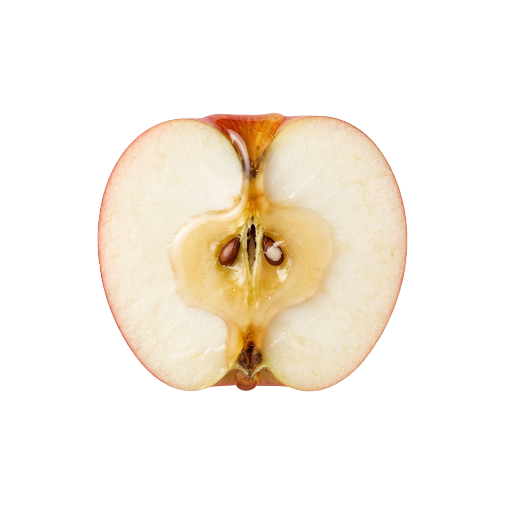 A sliced apple showing its core, seeds, and surrounding white flesh against a black background