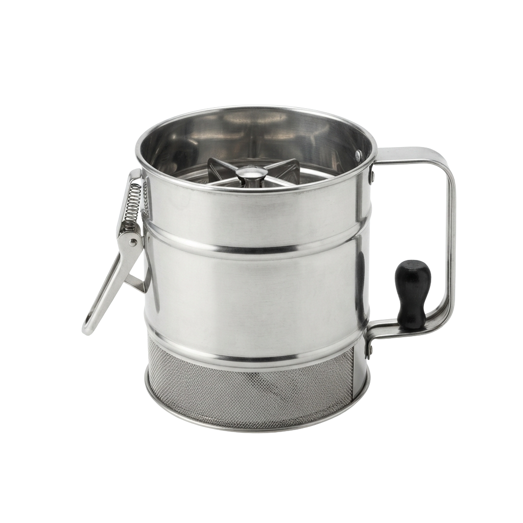 A stainless steel sifter with two handles, one on the side and one on the lid, used for sifting dry ingredients like flour.
