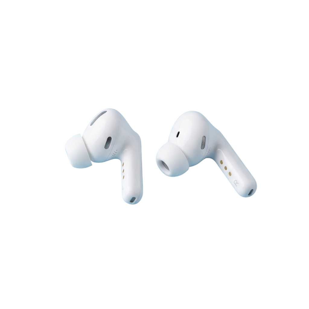 Two white wireless earbuds shown from different angles against a black background
