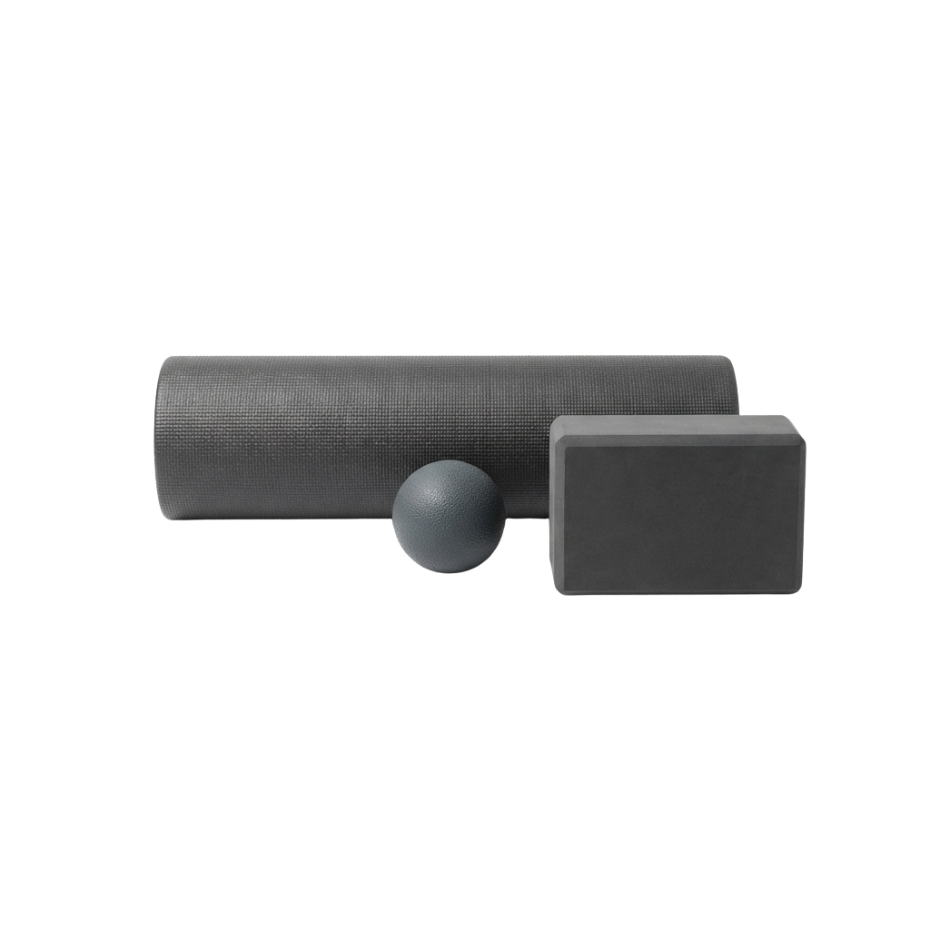 Three gray objects: a textured cylinder, a smooth sphere, and a solid cube.