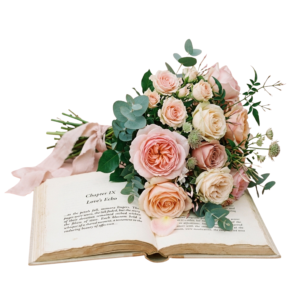 Open book with a bouquet of pink roses resting on the pages titled Love's Echo