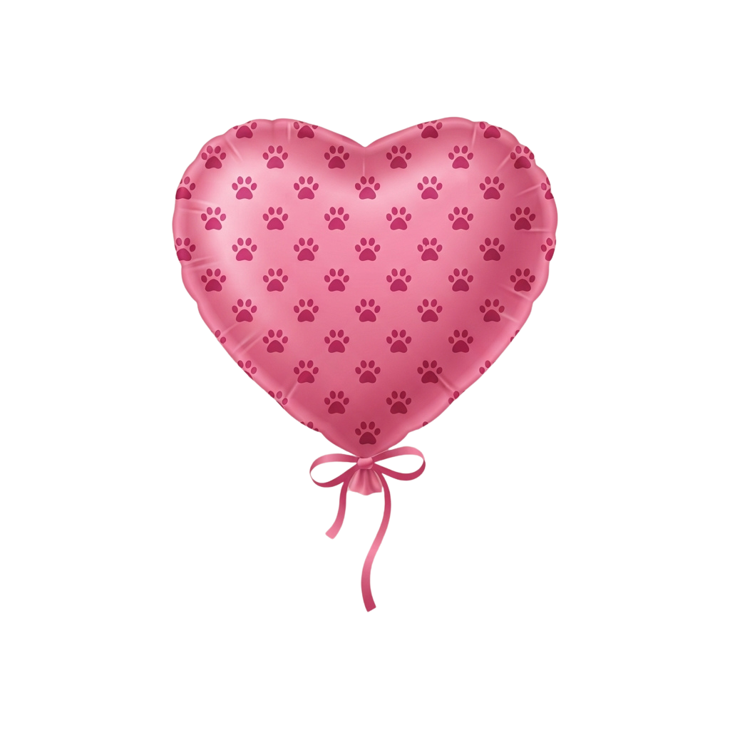 A heart-shaped balloon in pink with small paw prints, tied with a ribbon.