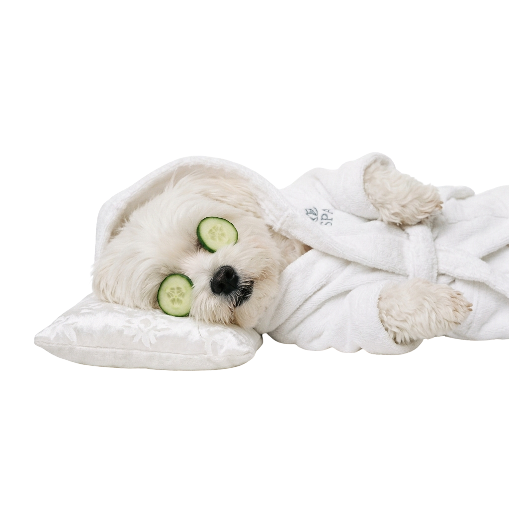 A plush toy dog wrapped in a towel with cucumber slices over its eyes for a spa treatment.