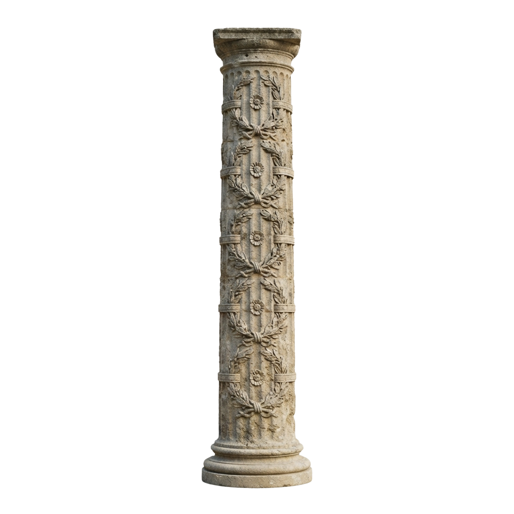 A tall, intricately carved marble column featuring detailed floral patterns and classical design.