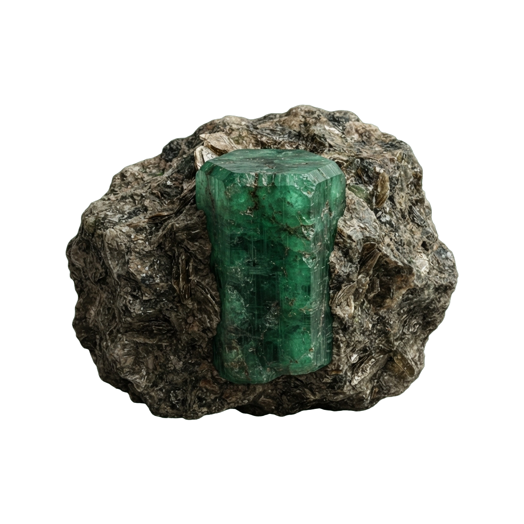 A green emerald crystal embedded in a rough, textured rock formation
