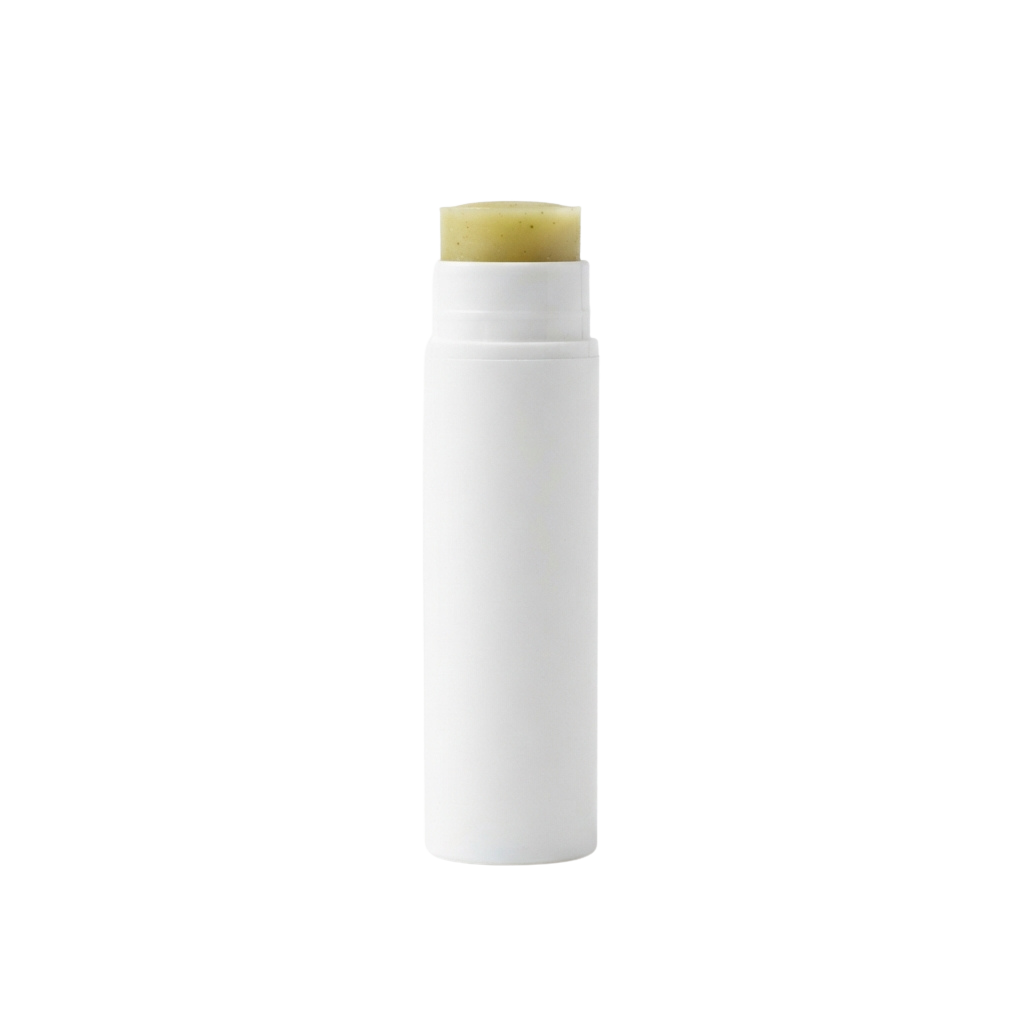 A white cylindrical lip balm tube with a beige cap and a small amount of product visible inside