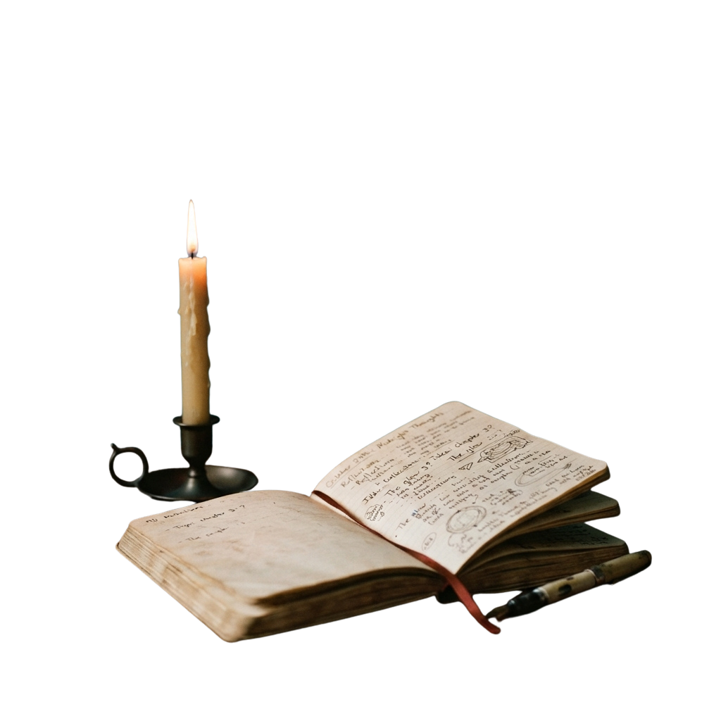 An open vintage book with handwritten notes beside a lit candle on a dark background