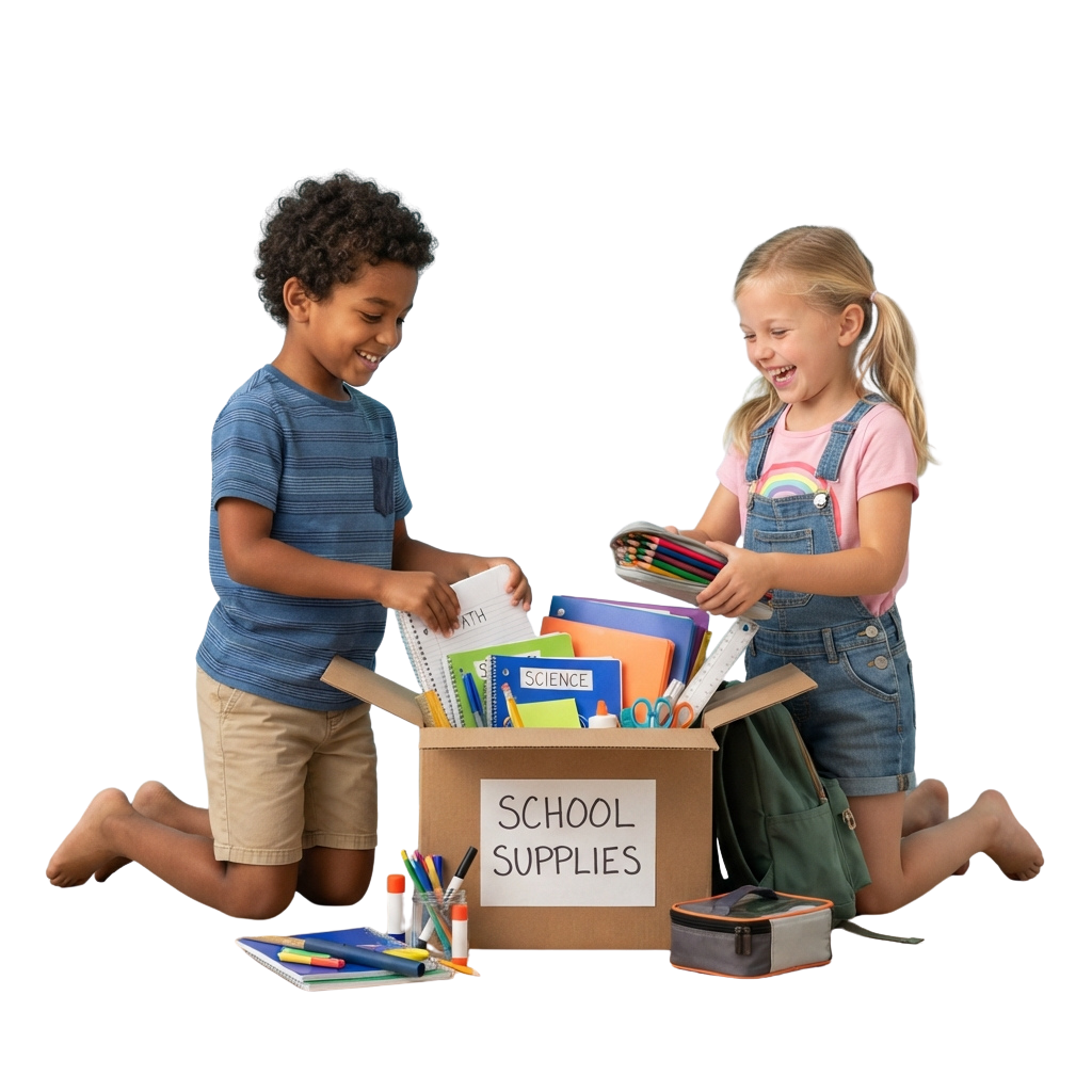 Two children happily organizing school supplies from an open cardboard box labeled school supplies