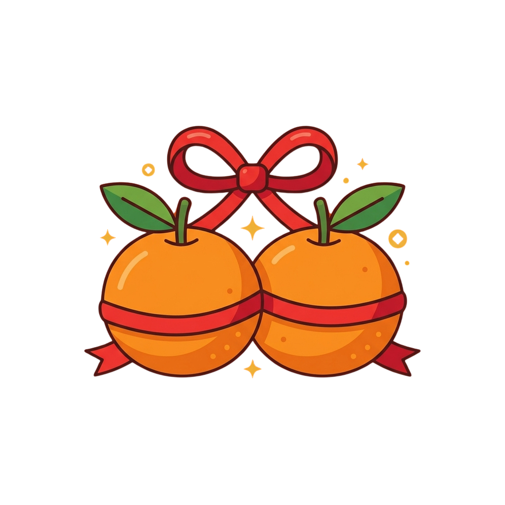 Two stylized apples wrapped with red ribbons and bows, green leaves, and festive sparkles