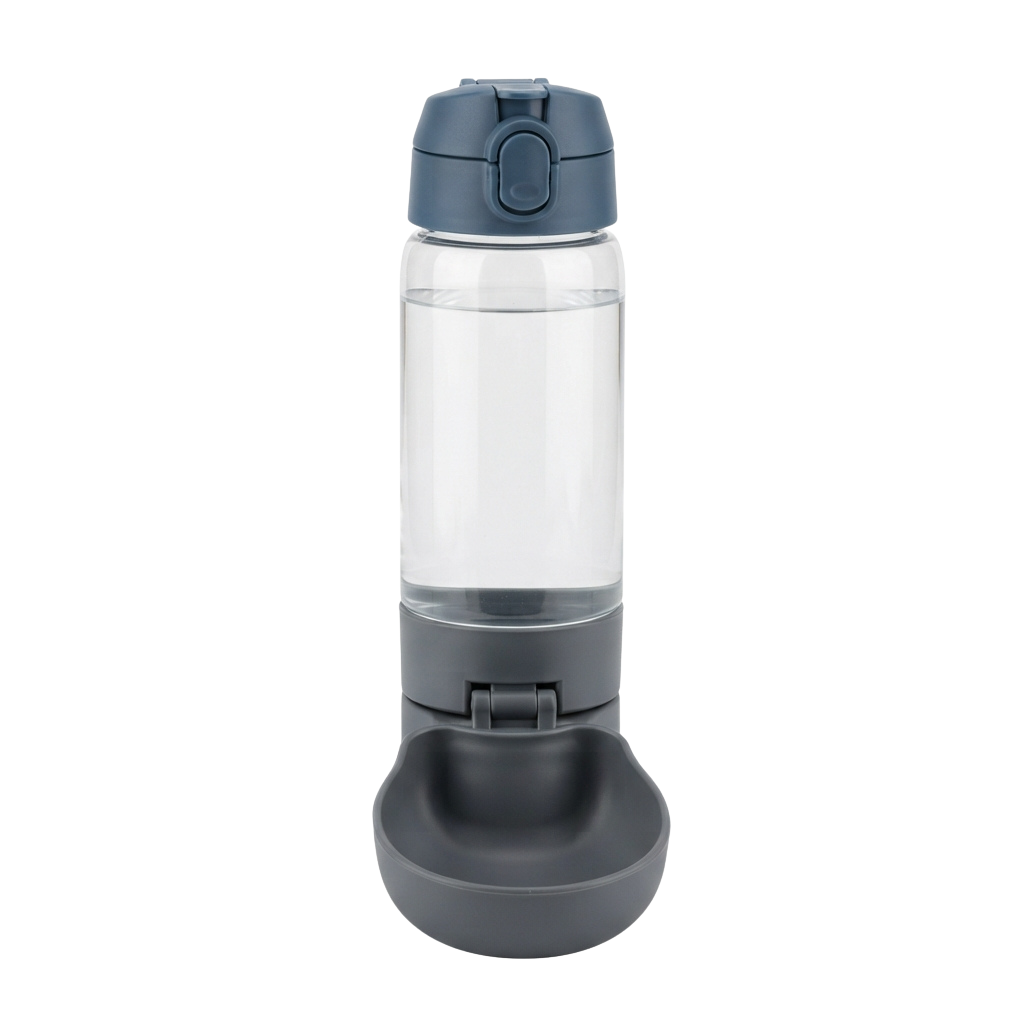 Gray insulated water bottle with a spout lid and protective cap