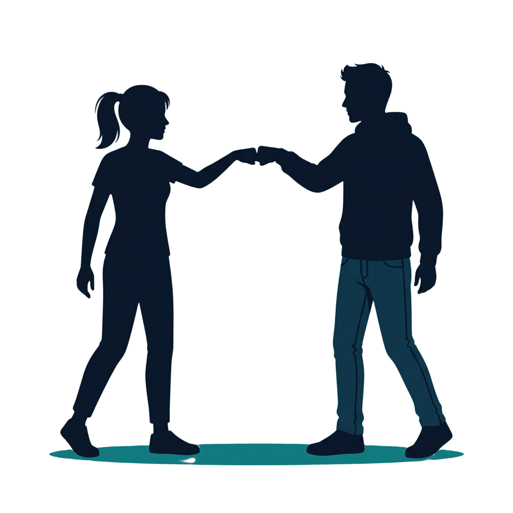Two silhouetted people shaking hands against a dark background at night