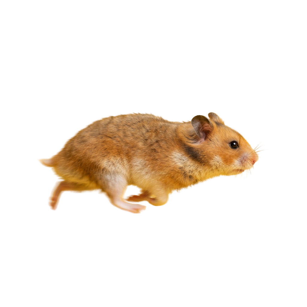 A small golden hamster captured mid-leap against a black background