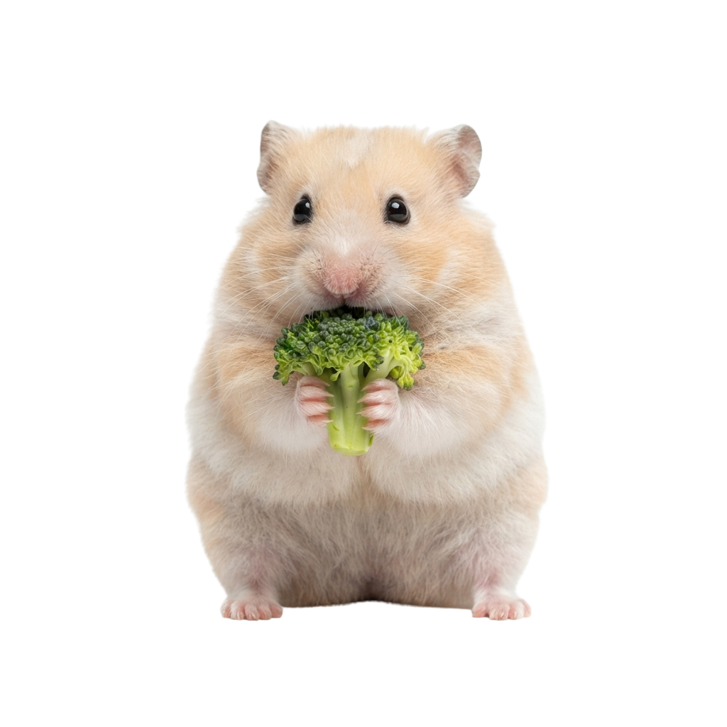 A light-colored hamster sitting upright holding a piece of broccoli in its paws