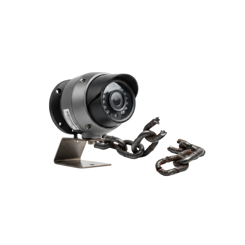 A dome security camera mounted on a metal bracket with a chain for added security