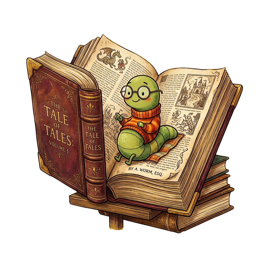 A cheerful bookworm with glasses and a scarf sits reading an open book titled Tale of Tales Volume 1