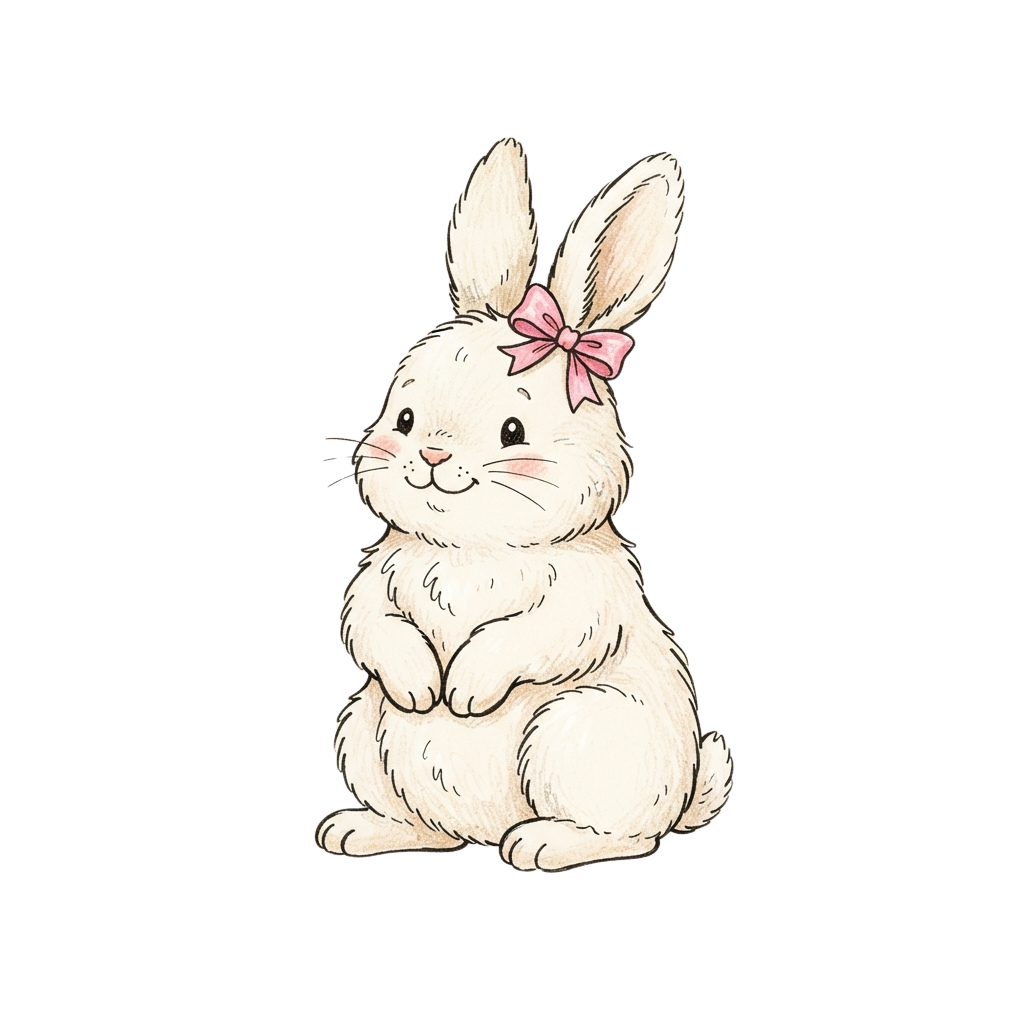A light beige cartoon rabbit sitting with its paws together, wearing a pink bow on its head.