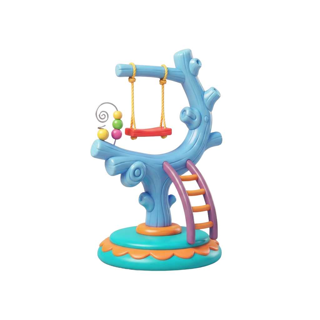 A whimsical toy swing set with a ladder, swings, and colorful balls on a decorative base