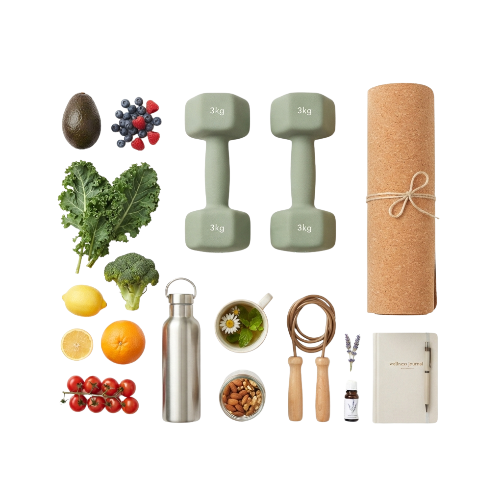 Collection of fitness and nutrition items including dumbbells, yoga mat, fruits, vegetables, water bottle, journal, and wellness accessories