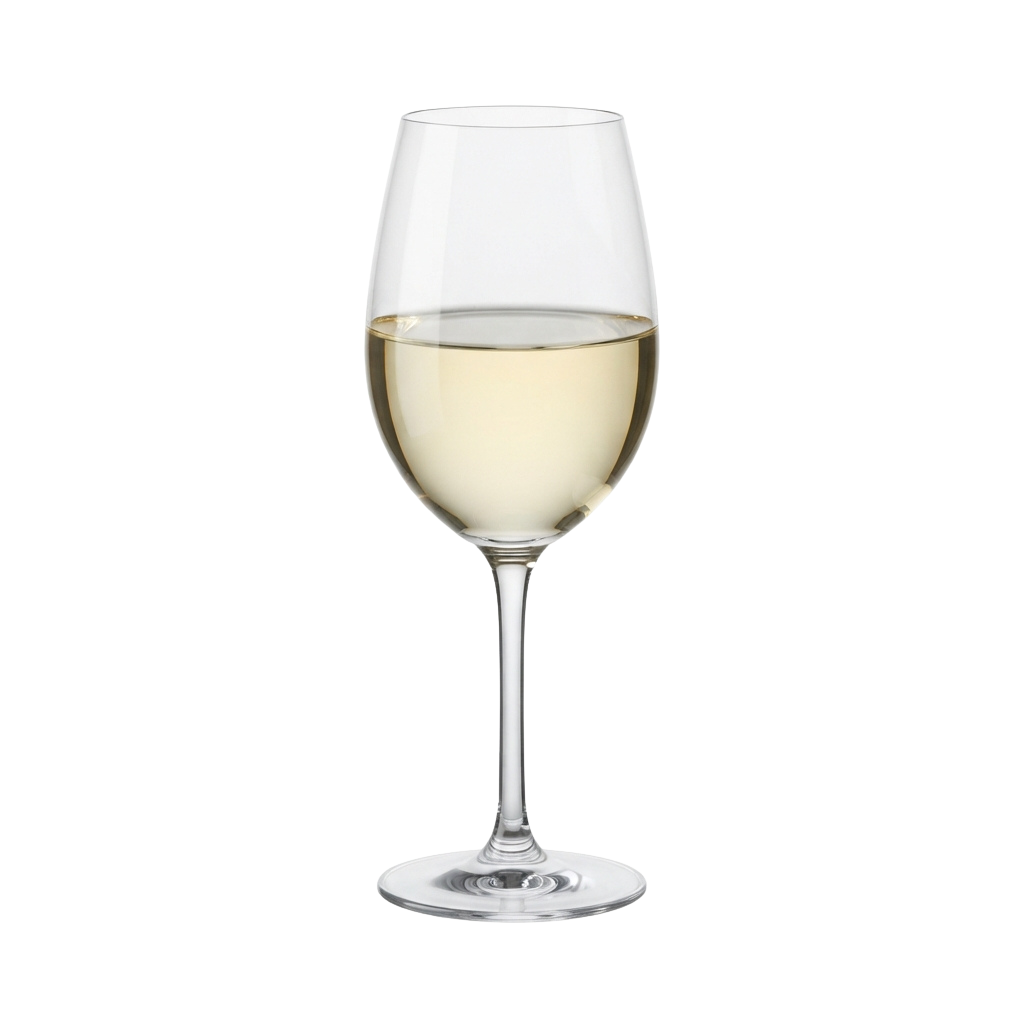 A clear wine glass filled with white wine against a black background