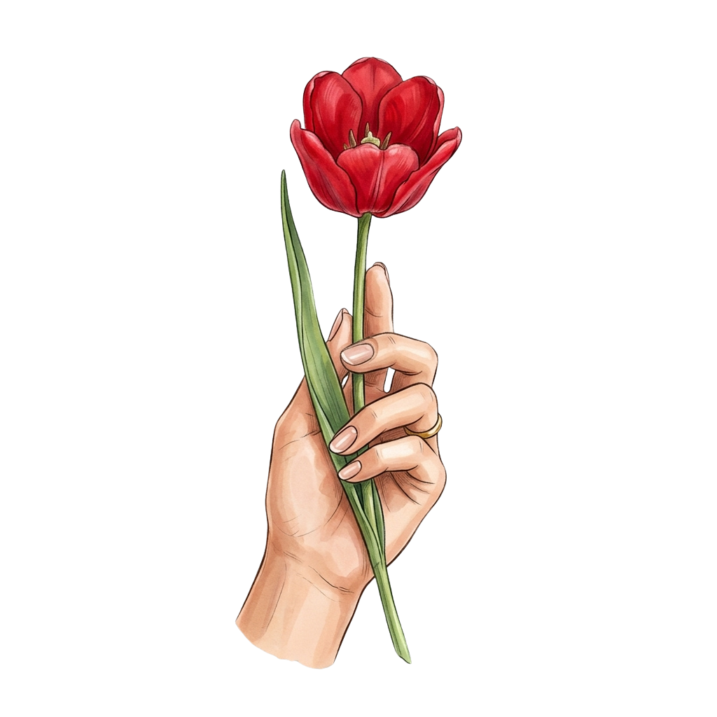 A hand holding a single red tulip flower with green stem and leaves