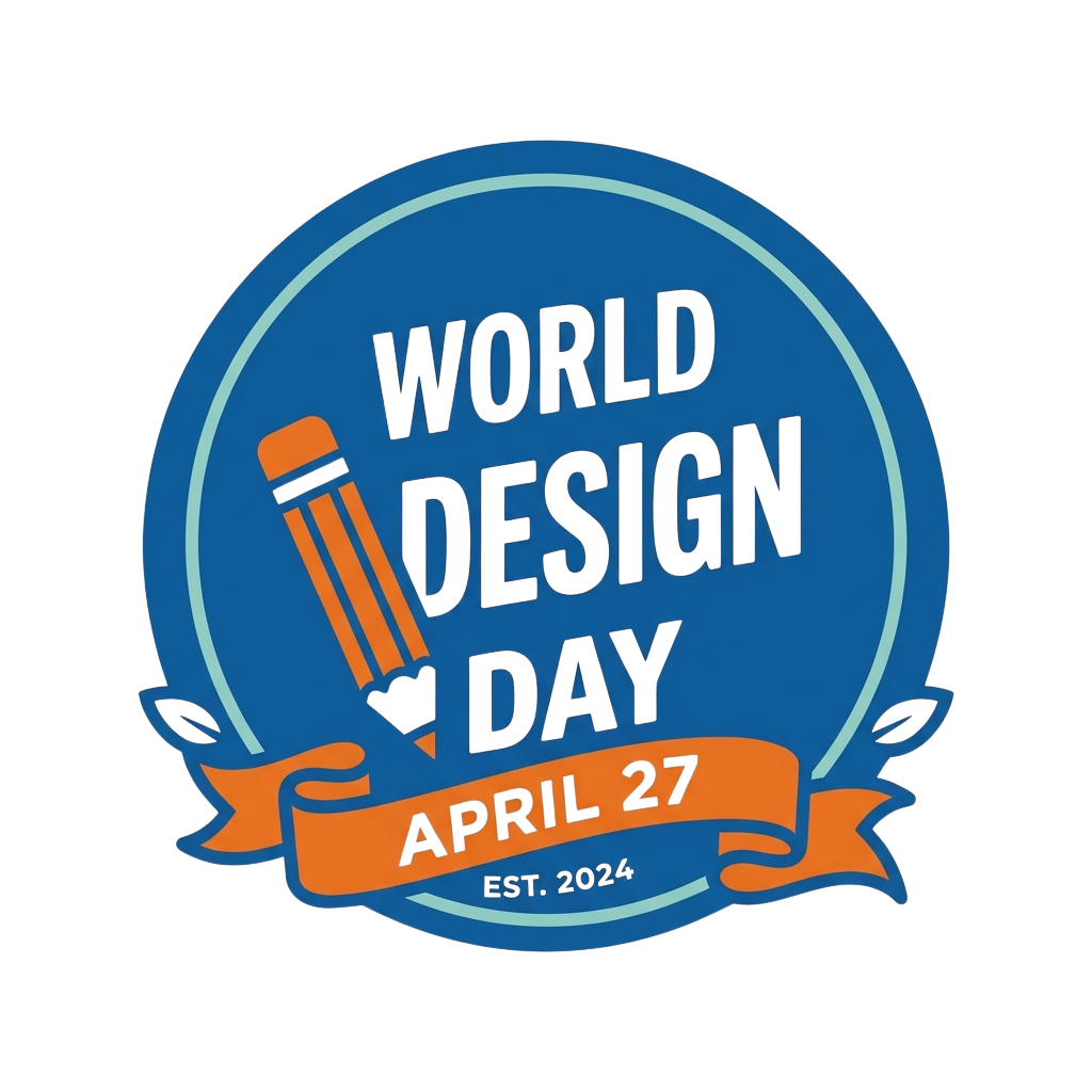 World Design Day logo featuring a pencil icon inside a blue circle with the date April 27 and year 2024 on an orange banner