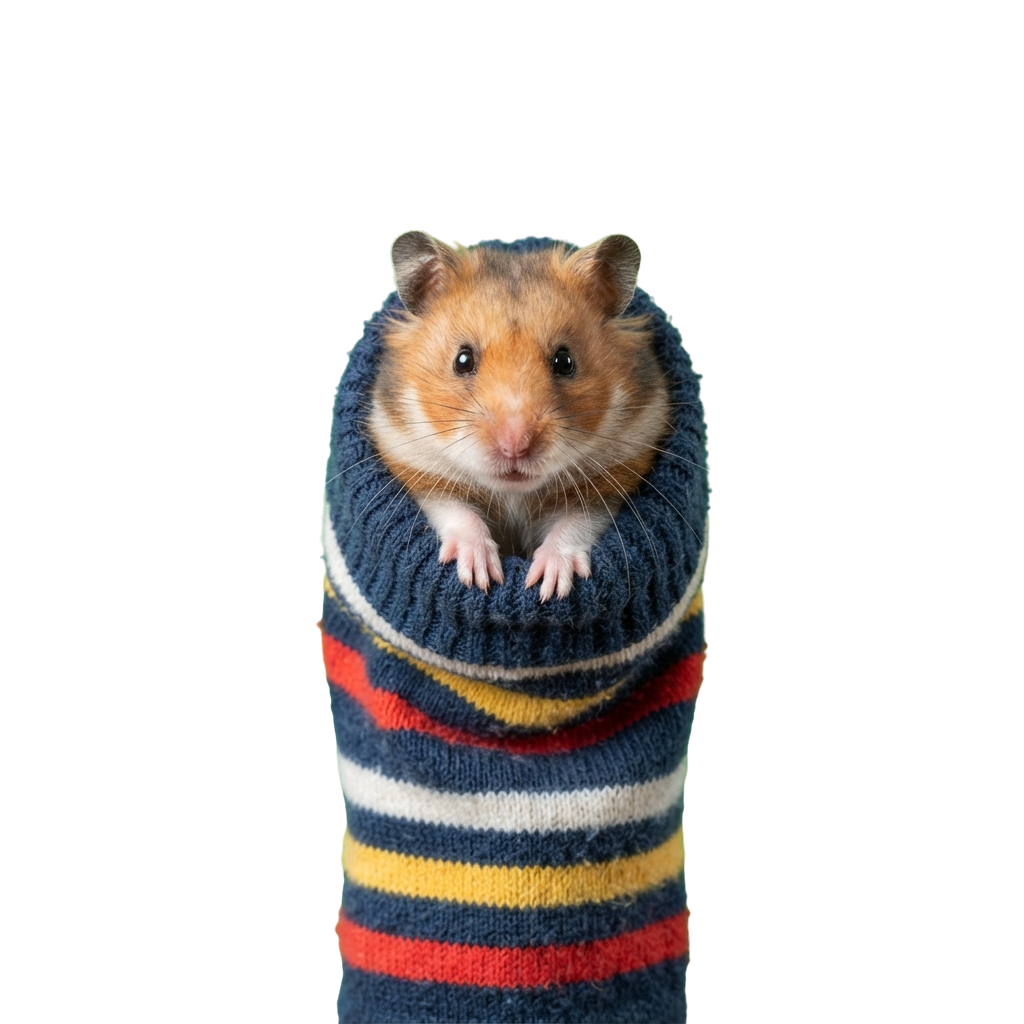 A hamster peeking out from a striped knitted sock with blue, white, yellow, red, and orange bands