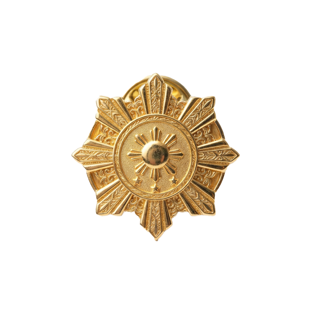 A detailed golden star-shaped military medal with intricate designs and a central pin.