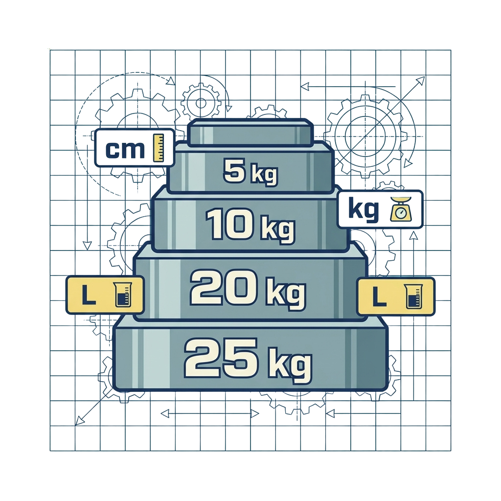 Stacked weight plates labeled 5 kg, 10 kg, 20 kg, and 25 kg with measurement icons for centimeters and kilograms