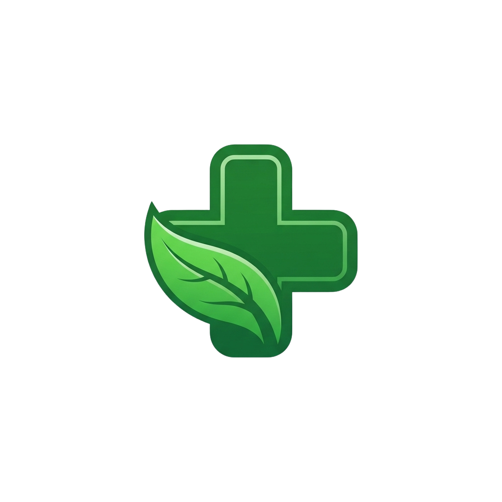 A green plus sign logo with leaf details integrated into the lower section
