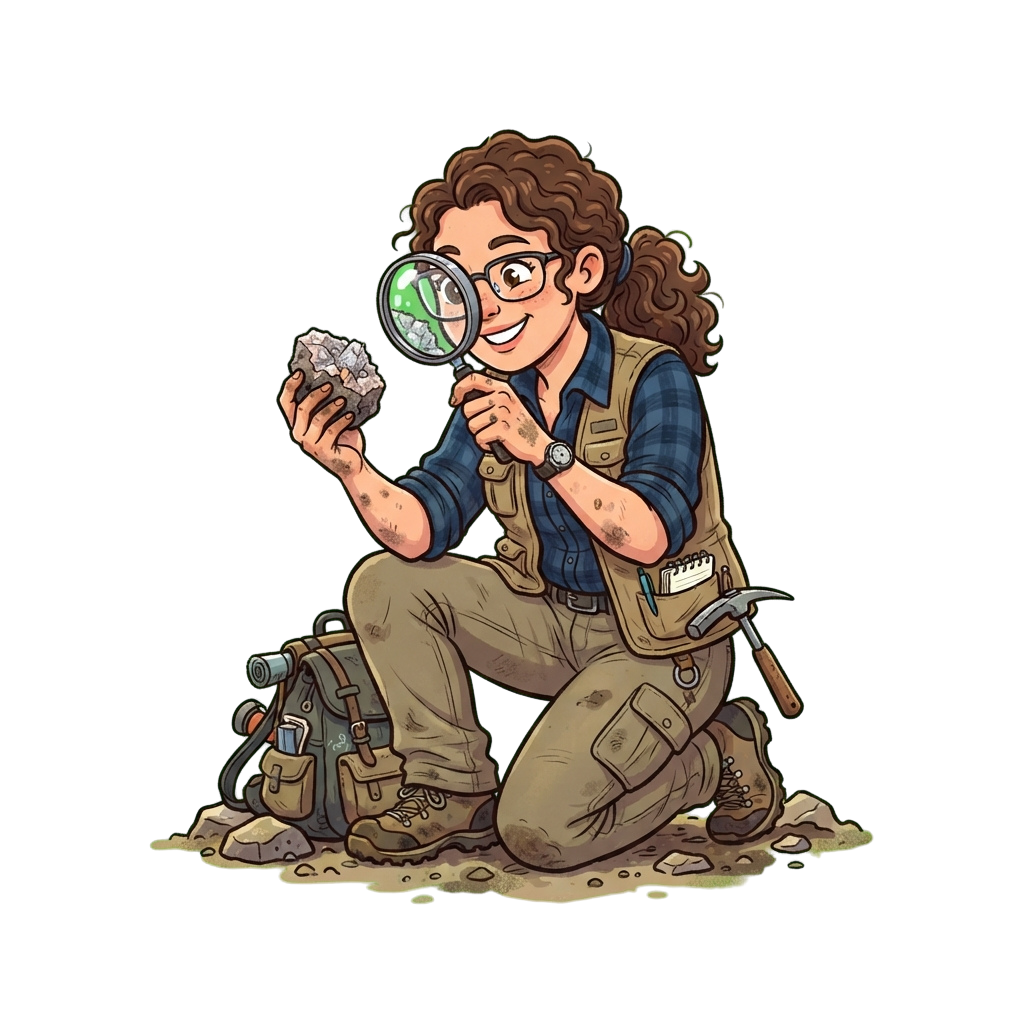 A smiling geologist wearing glasses and a utility vest examines a rock using a magnifying glass.