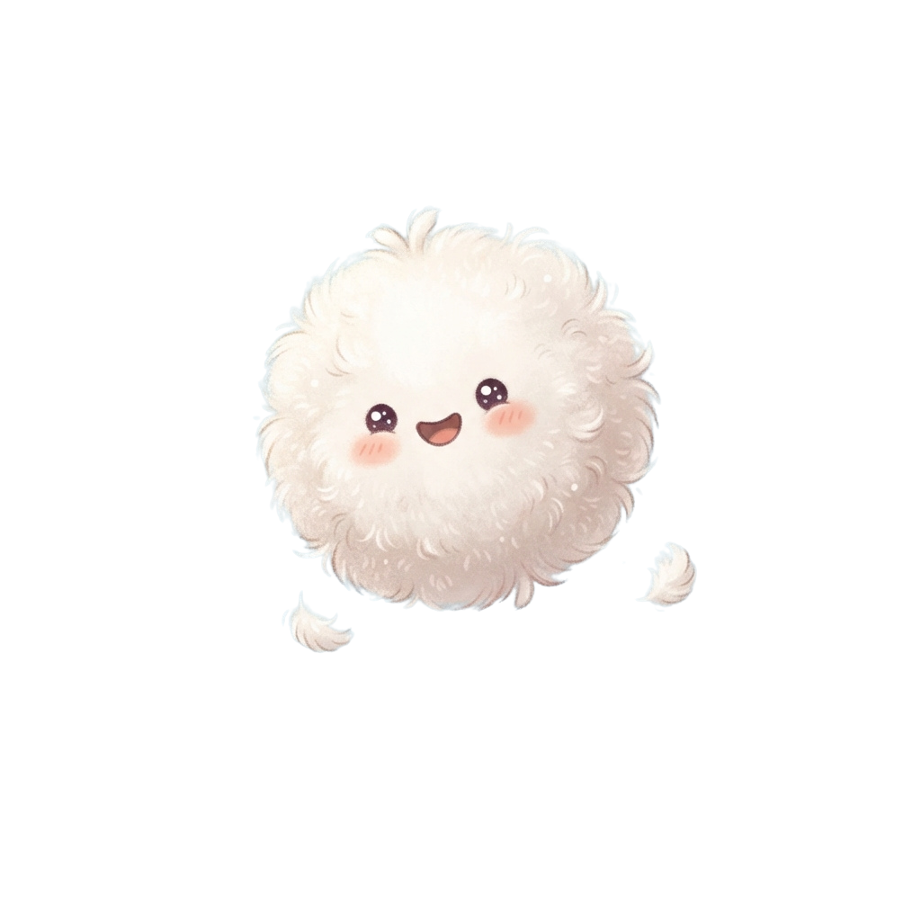 A cheerful cartoon white fluffy puppy with a smiling face and small paws