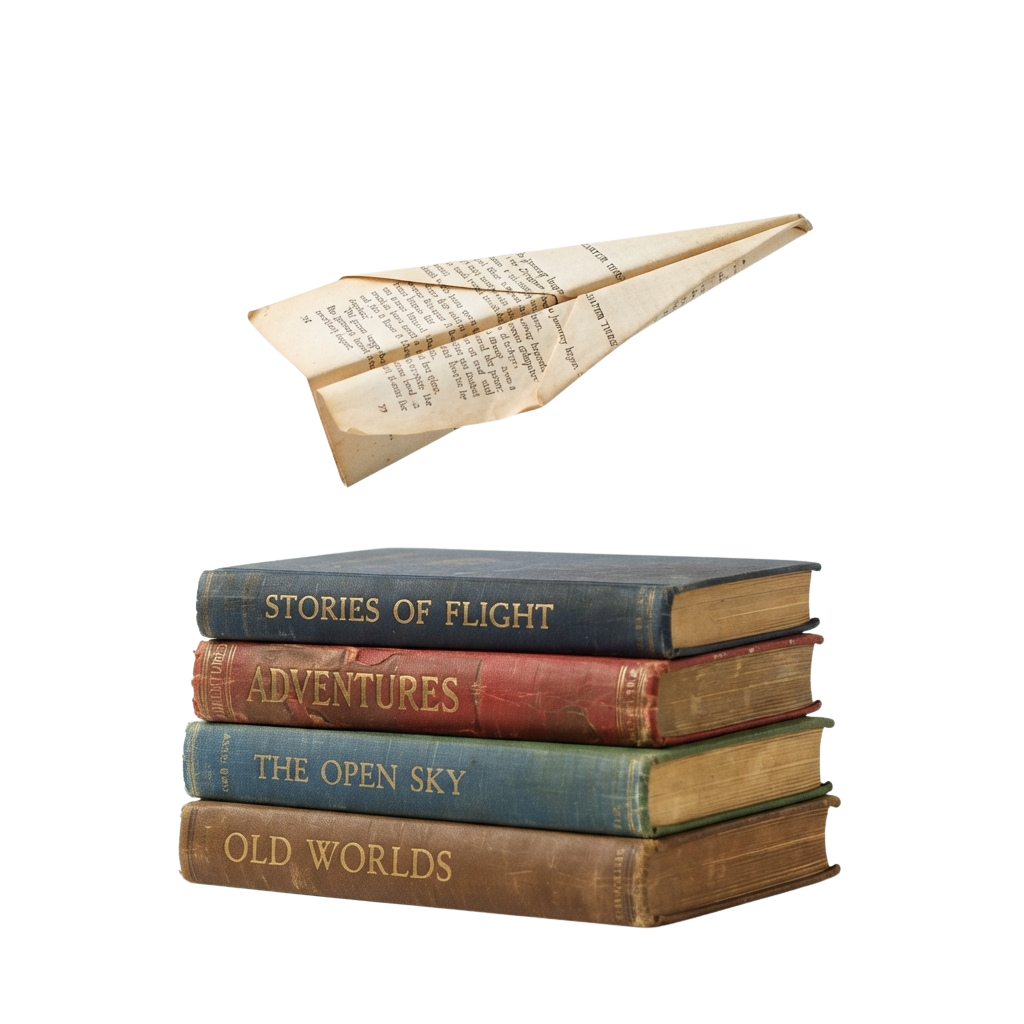 A paper airplane made from book pages flying above four vintage-style books titled Stories of Flight, Adventures, The Open Sky, and Old Worlds