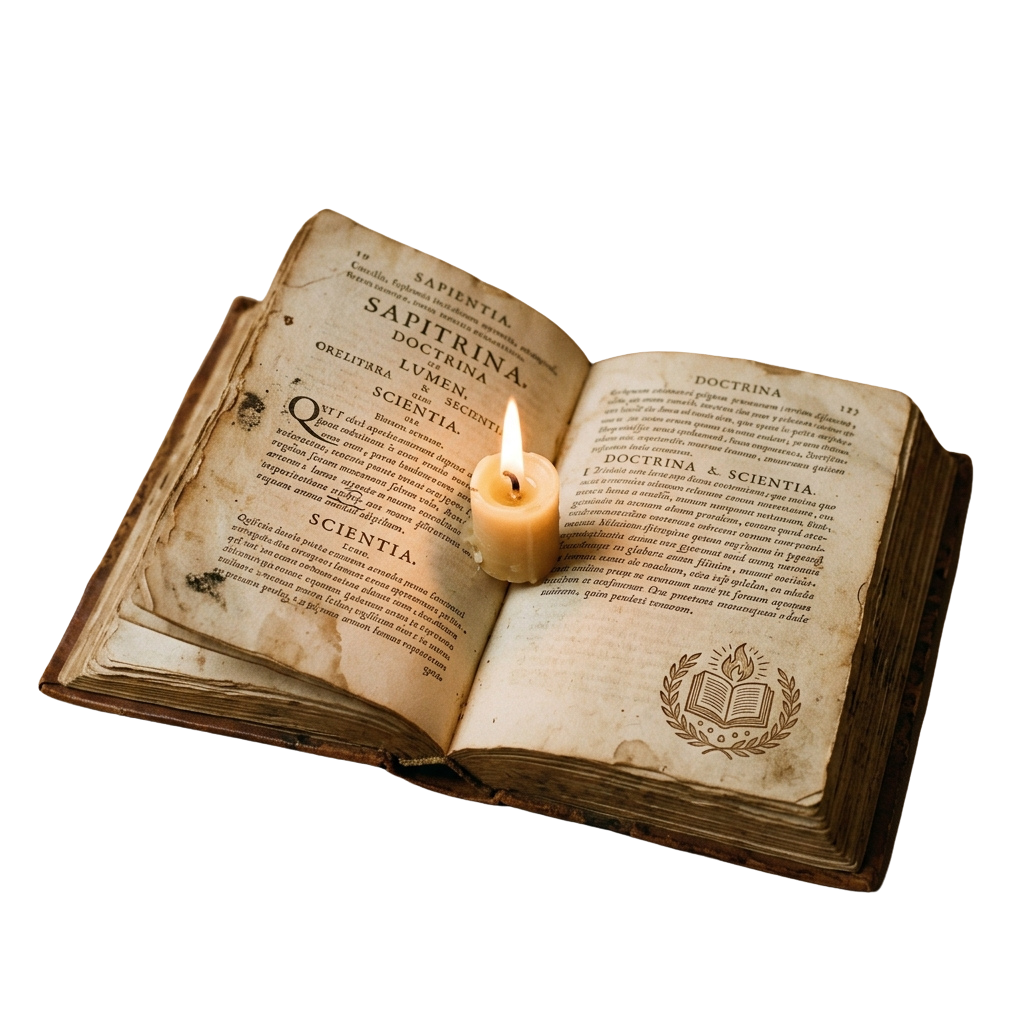 An open old book with a lit candle between its pages, featuring aged text and a book emblem.