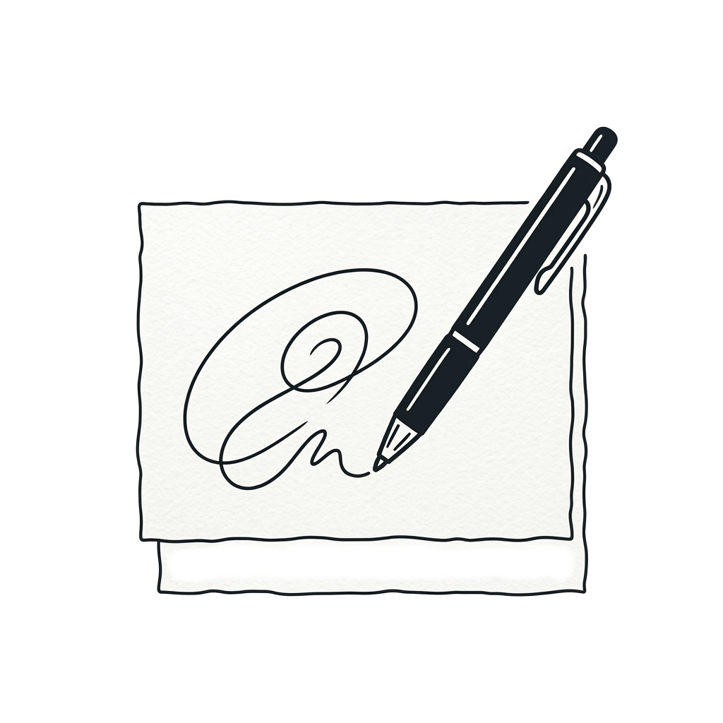 A handwritten signature with an ink pen resting on a piece of paper