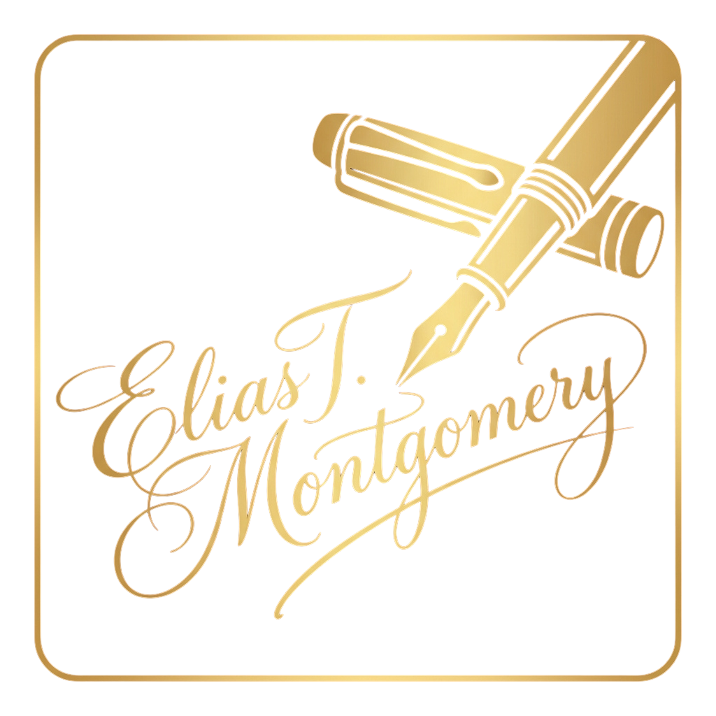 Gold cursive signature with a pen tip forming the letter i, on a black background with gold border