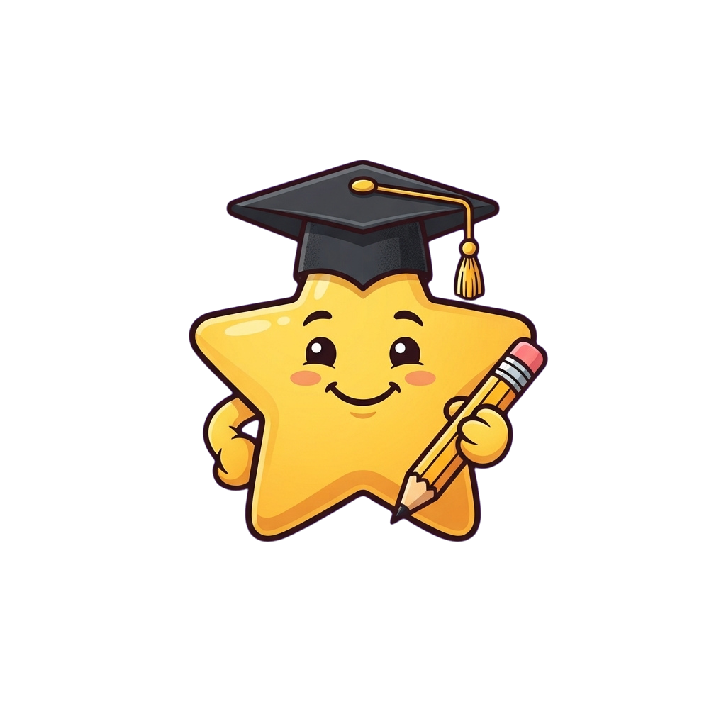 A cheerful yellow star character wearing a graduation cap and holding a pencil with both arms