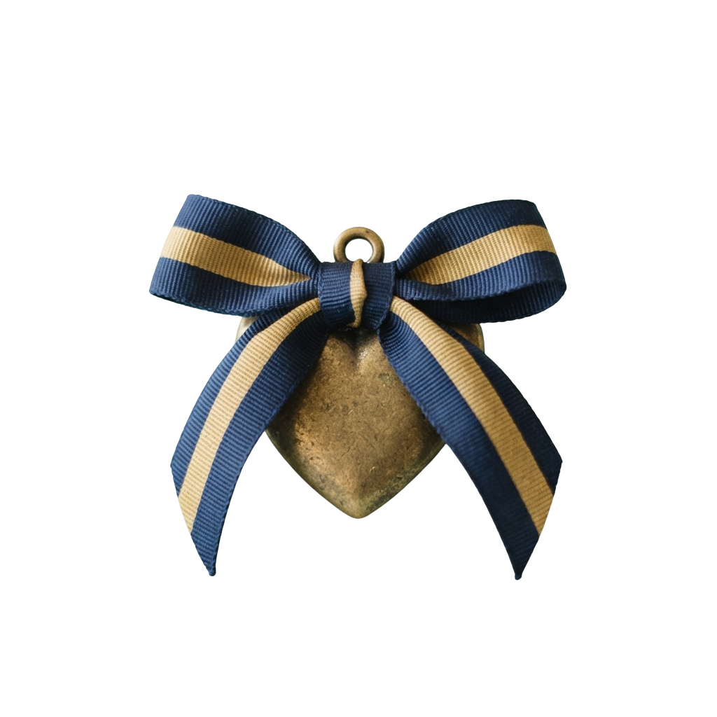 A small medal with a blue and gold striped ribbon tied in a bow at the top