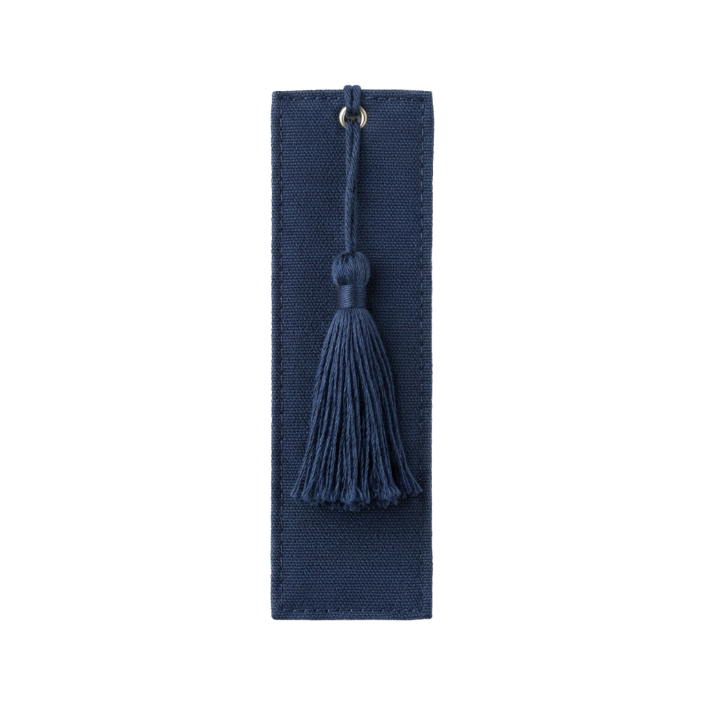 Gray fabric bookmark featuring a tassel hanging from a metal ring at the top edge