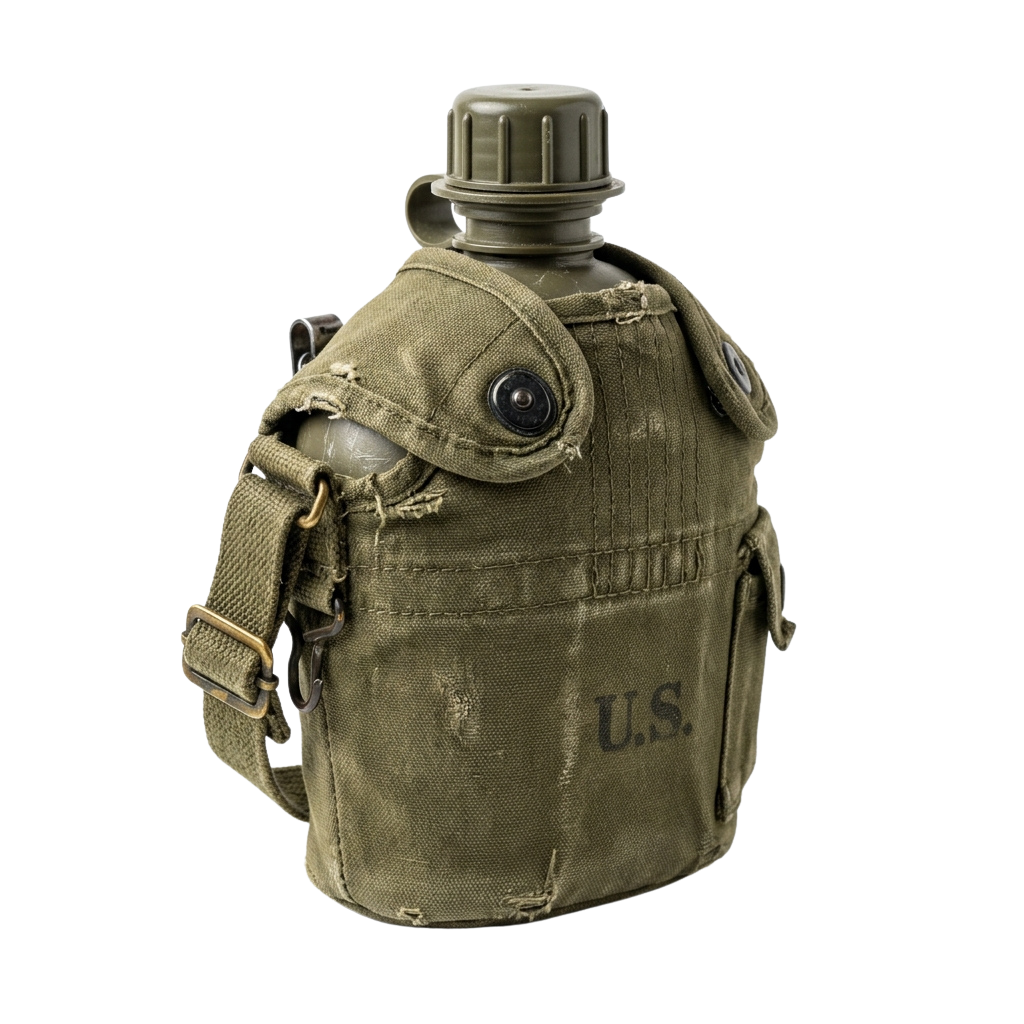 Vintage olive drab military canteen with a metal lid and carrying strap, labeled U.S.