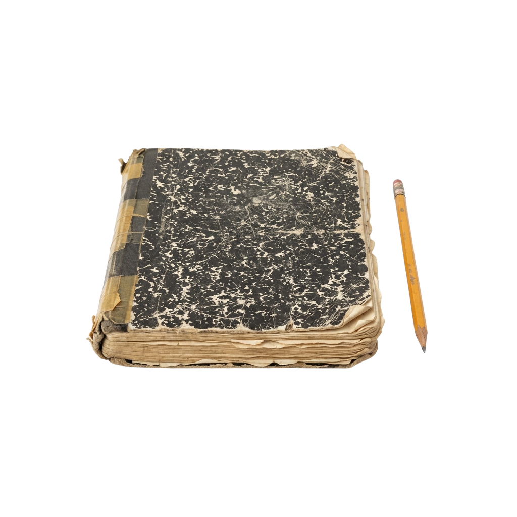 An old book with marbled paper cover and a wooden pencil beside it