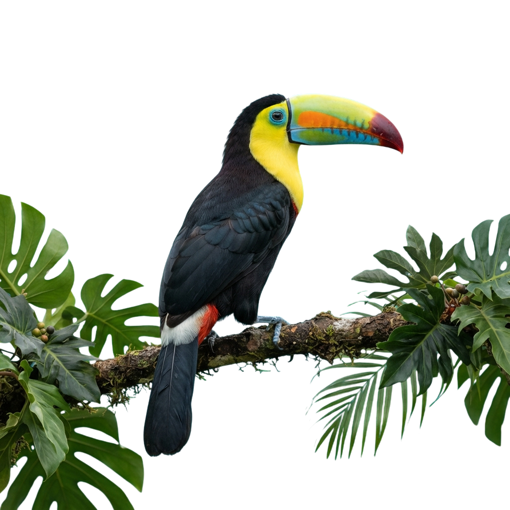 A vibrant toucan with a large colorful beak perched on a tree branch surrounded by green leaves