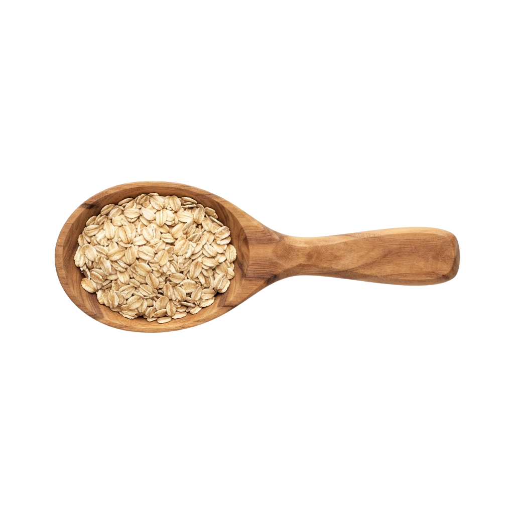 A wooden spoon holding whole grain oats against a black background