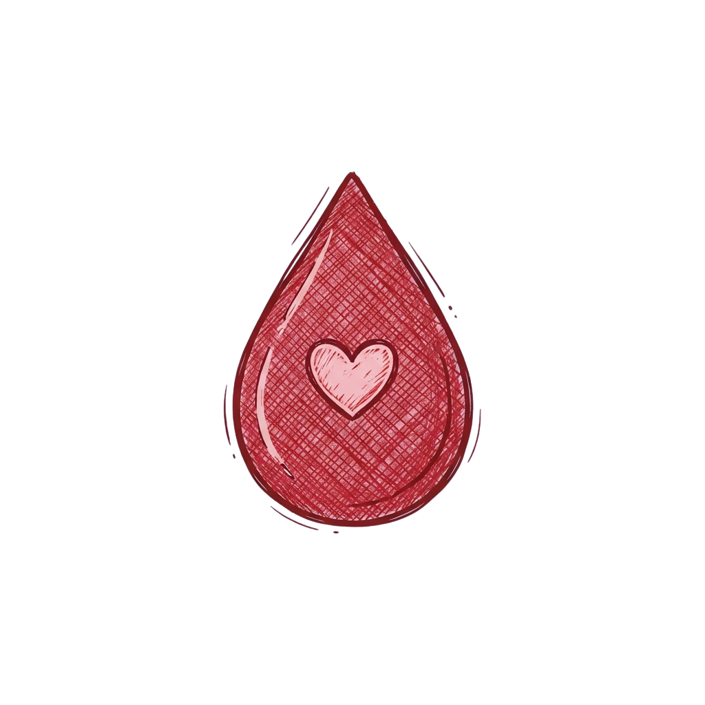 A red blood cell drop with a small pink heart inside, outlined in white.